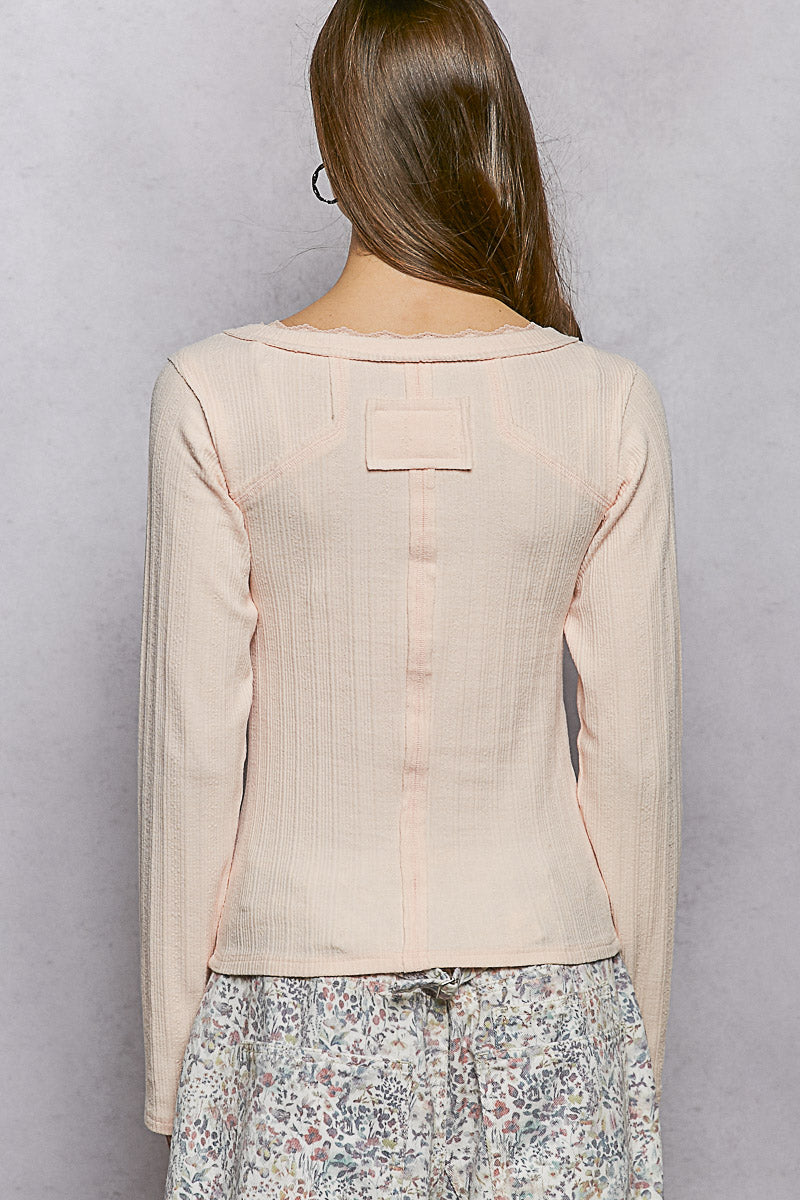 POL V-Neck Long Sleeve Ribbed Top with Lace-Accent Neckband on Simply Obsessed