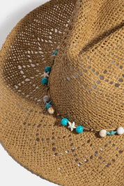 LA FINDS Turquoise and Shell Star Beads Strap Western Straw Hat on Simply Obsessed