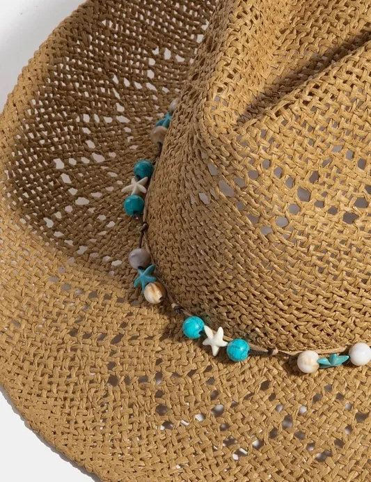 LA FINDS Turquoise and Shell Star Beads Strap Western Straw Hat on Simply Obsessed