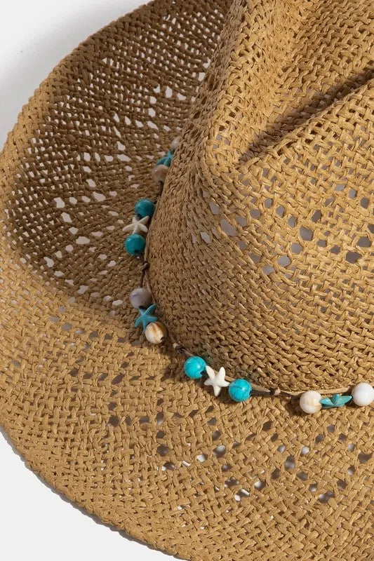 LA FINDS Turquoise and Shell Star Beads Strap Western Straw Hat on Simply Obsessed