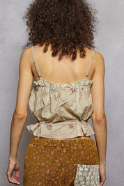 POL Button Down Floral Embroidered Cropped Cami with Lace Detail on Simply Obsessed