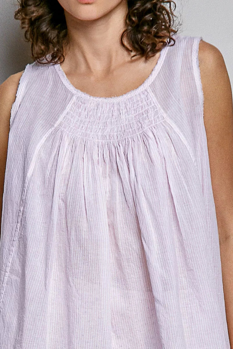 POL Round Neck Sleeveless Striped Pleated Cotton Top on Simply Obsessed