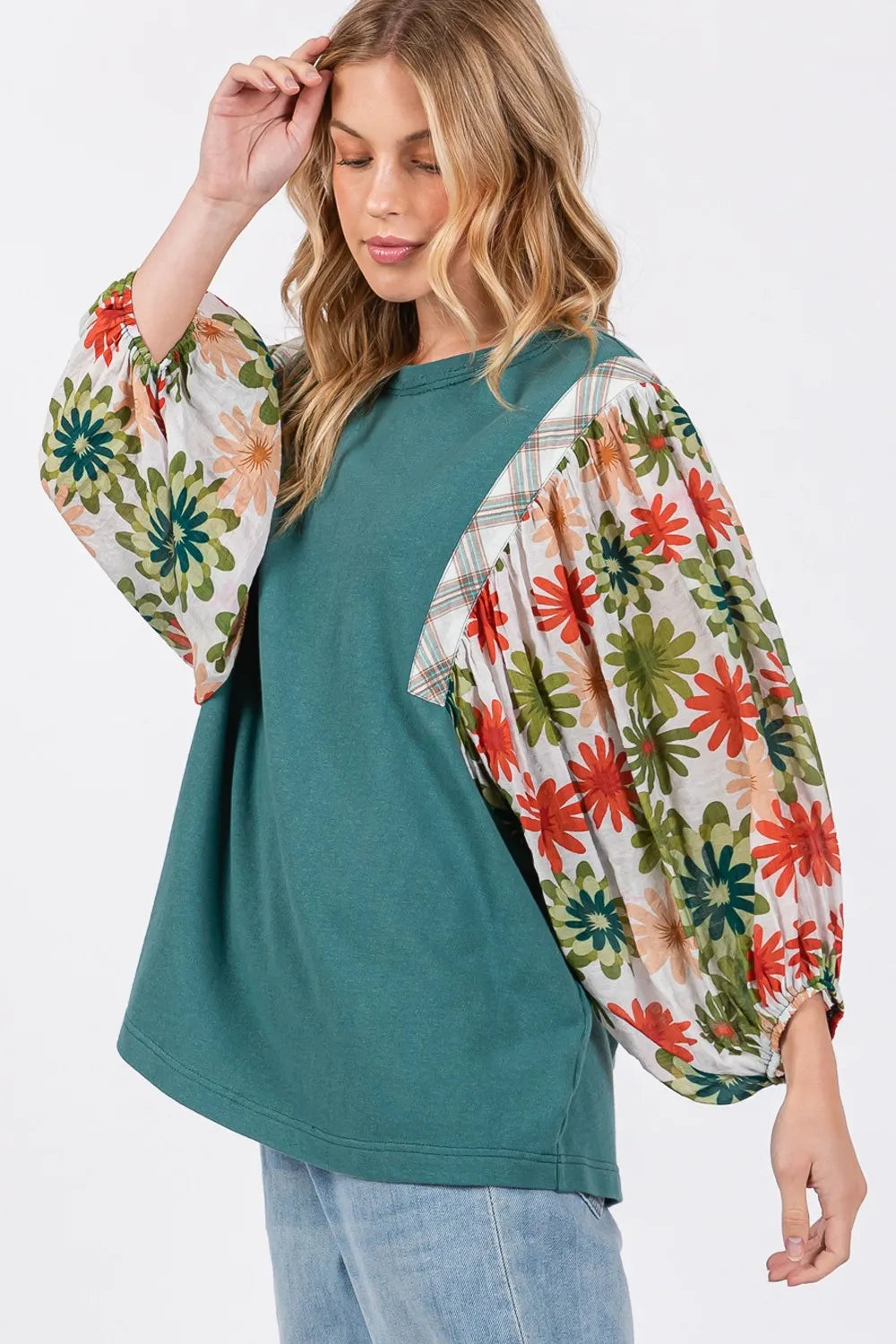 SAGE + FIG Full Size Printed Balloon Sleeve Contrast Top. **FALL DEBUT SALE** on Simply Obsessed