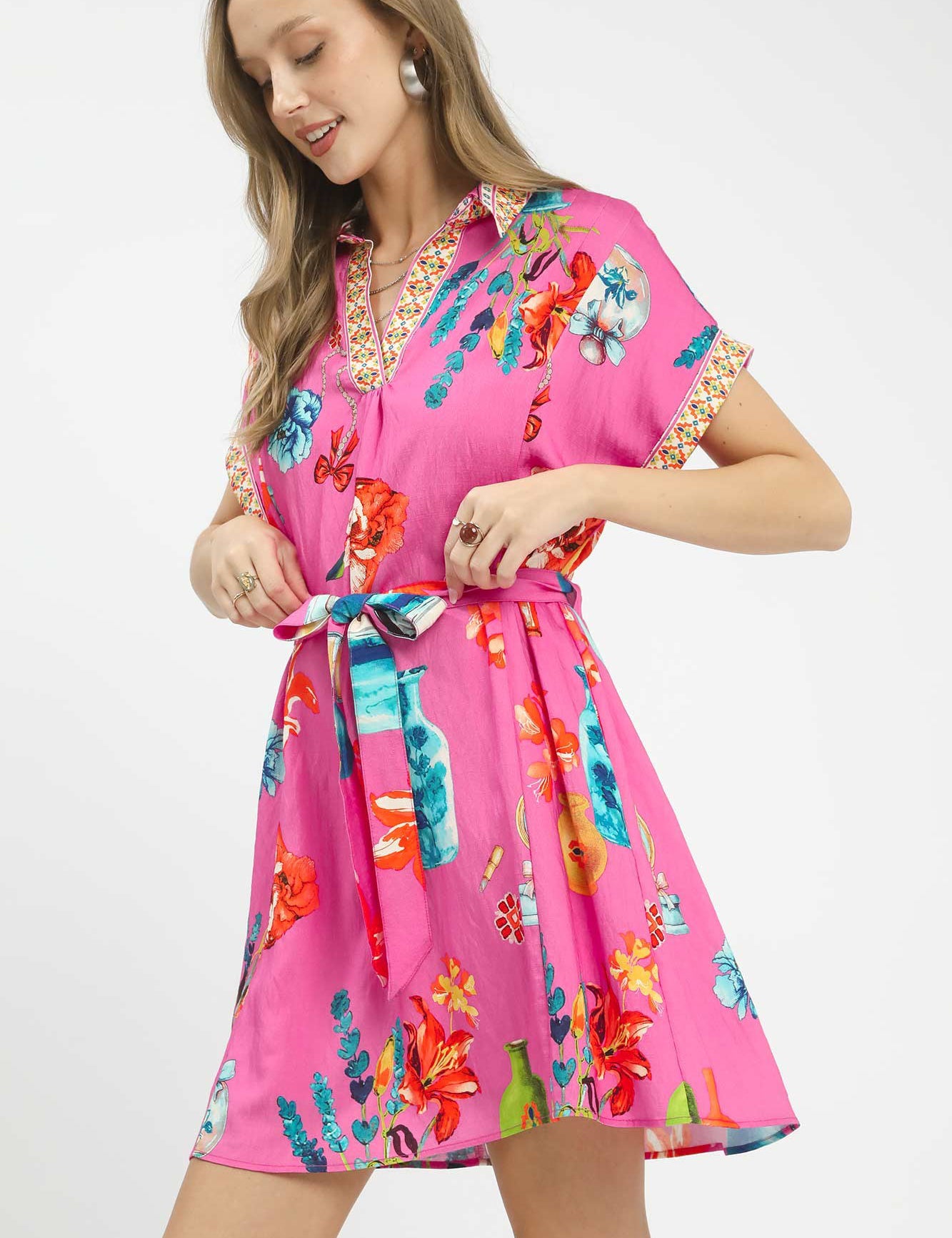 UMGEE Floral Print Mini Dress with Belt on Simply Obsessed