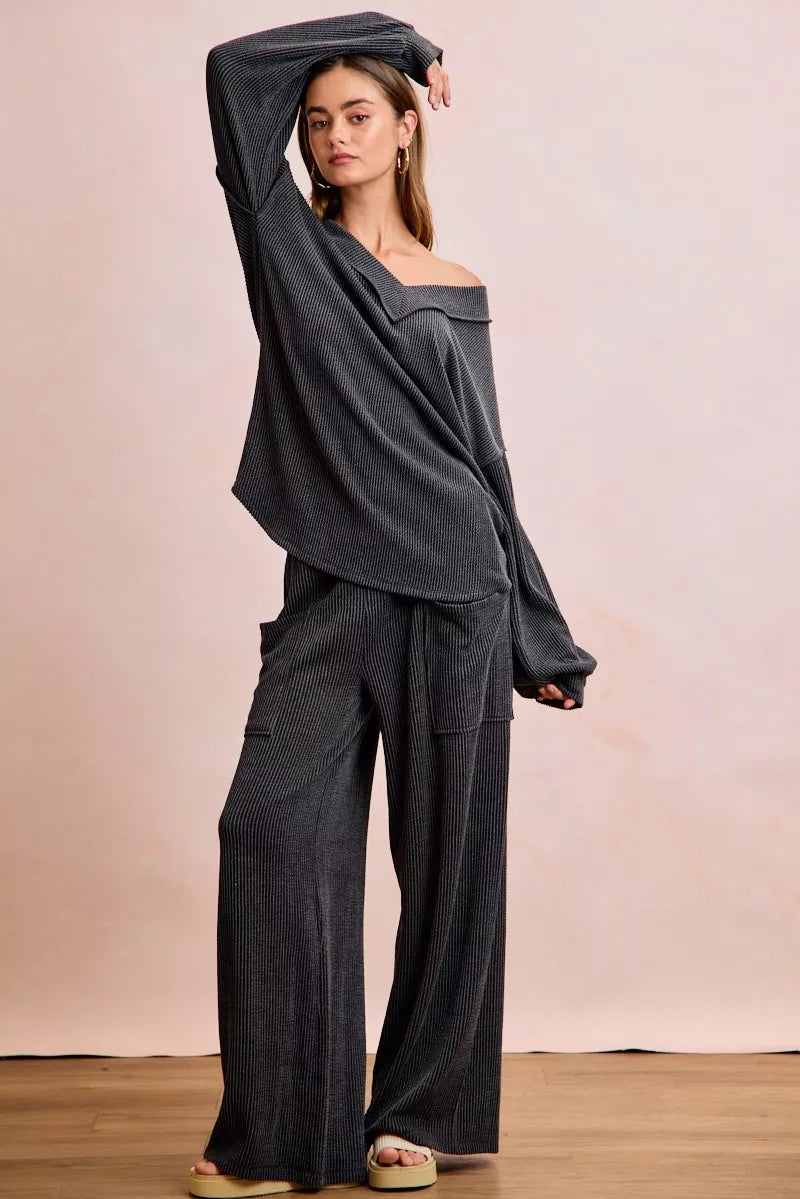 BIBI Two Tone Cord Rib Contrast Stitching V-Neck Top and Pants Set on Simply Obsessed
