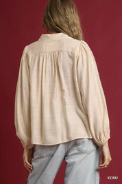 Umgee Long Sleeve Blouse with Leopard Print Trim on Simply Obsessed