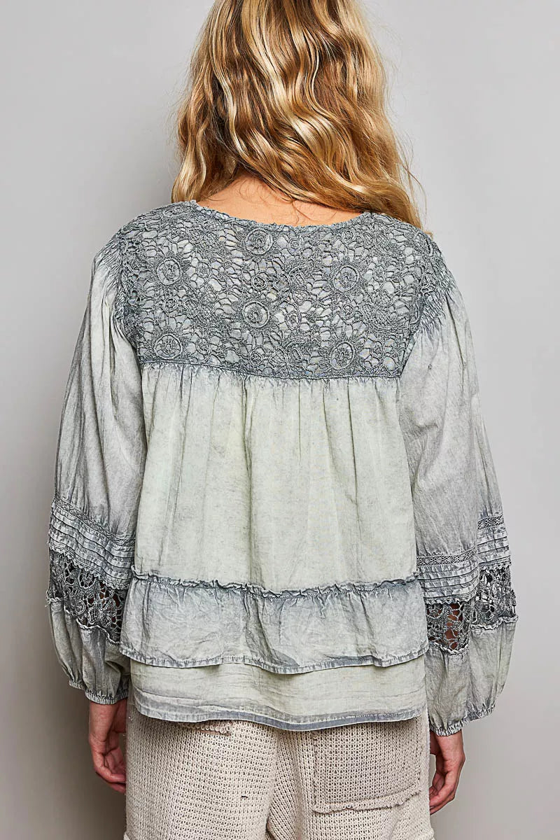 POL Washed Layered Lace Pintuck Flared Woven Blouse on Simply Obsessed