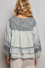 POL Washed Layered Lace Pintuck Flared Woven Blouse on Simply Obsessed