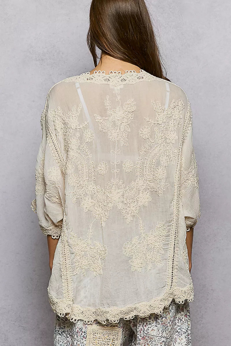 POL Floral Embroidered Top with Trim Edge on Simply Obsessed