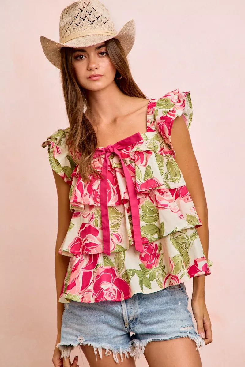 BiBi Floral Print Woven Bow Tie Ruffle Square Neck Top on Simply Obsessed