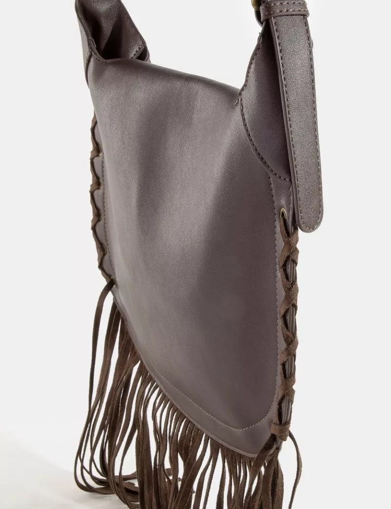 Fame Rivet Trim Suede Fringe Shoulder Bag on Simply Obsessed