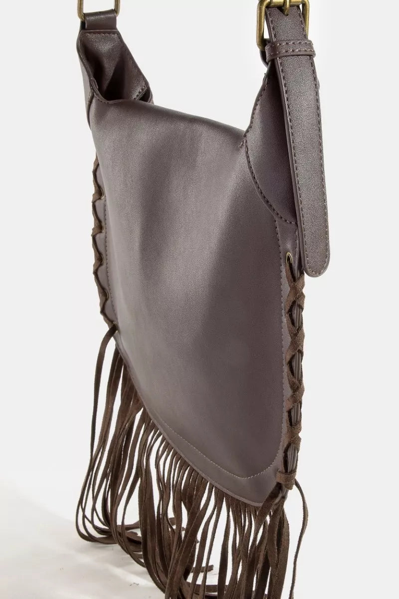 Fame Rivet Trim Suede Fringe Shoulder Bag on Simply Obsessed