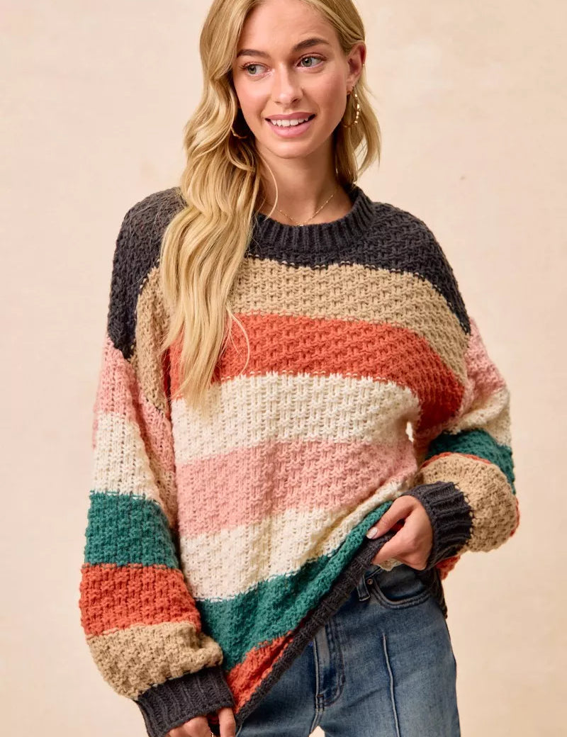 BiBi Stripes Color Block Chunky Sweater on Simply Obsessed