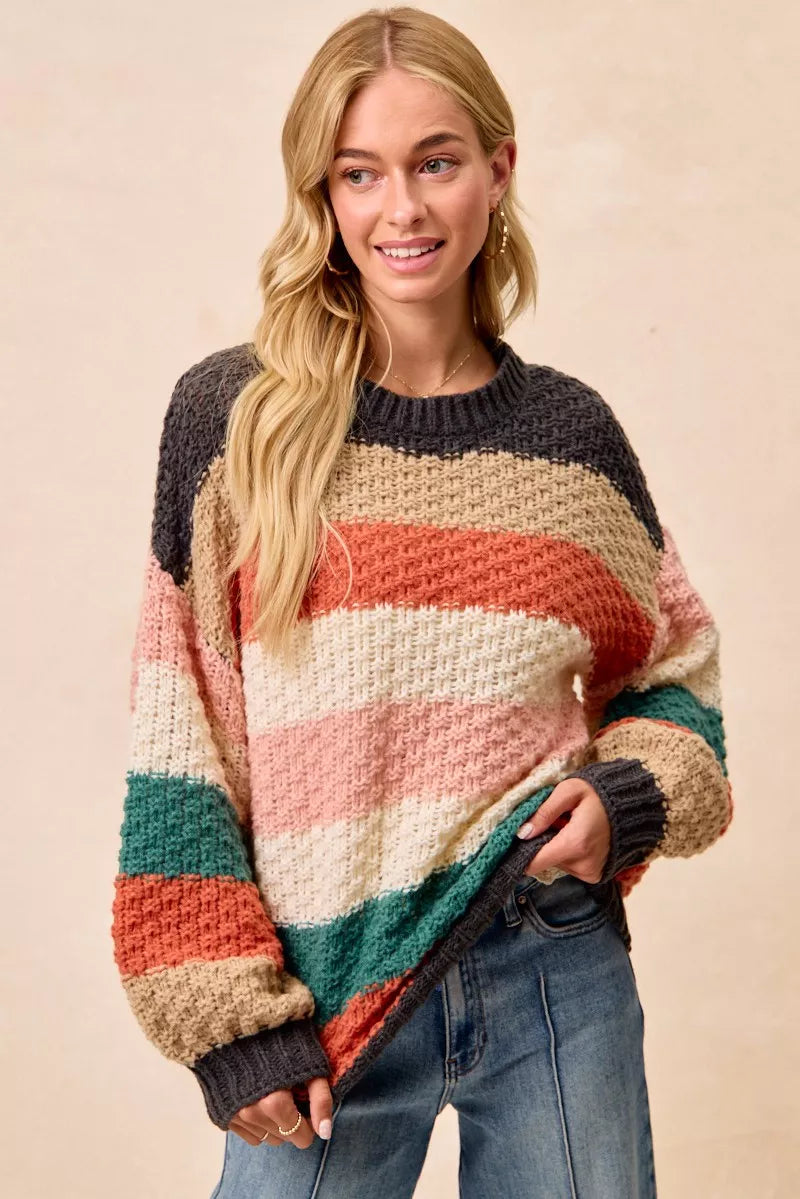 BiBi Stripes Color Block Chunky Sweater on Simply Obsessed