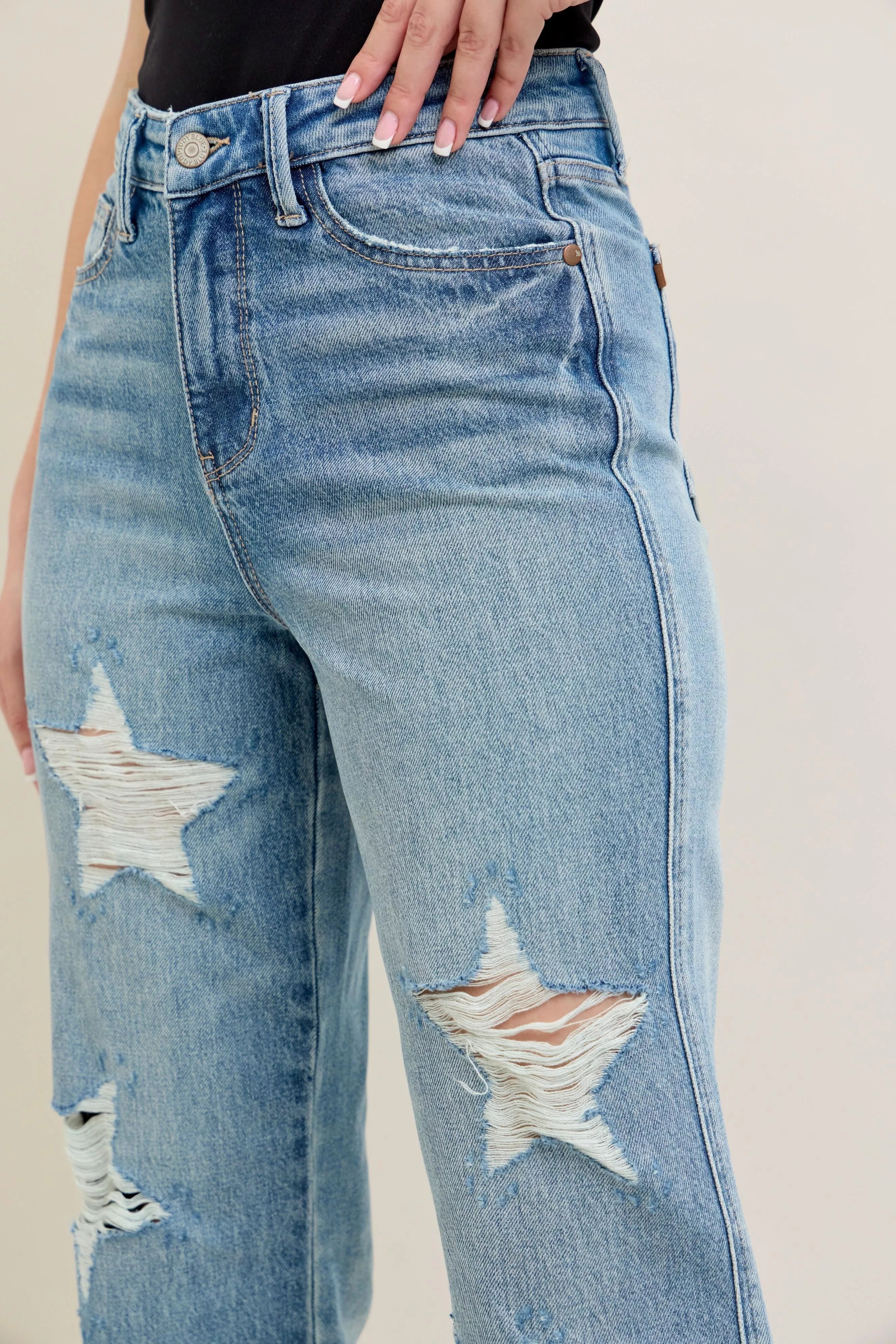 JUDY BLUE Full Size High Waist Rigid Magic Star Shaped Destroy 90's Straight Jeans Plus Size on Simply Obsessed