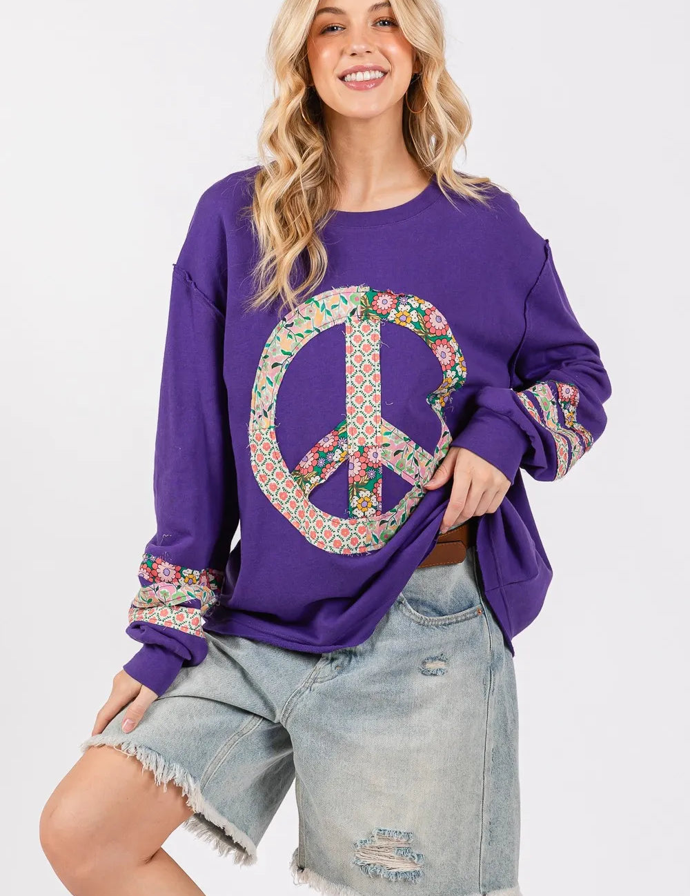 SAGE+FIG Peace Applique Patch Long Sleeve Top on Simply Obsessed