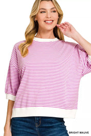 ZENANA Striped Contrast Trim Banded Bottom Top on Simply Obsessed