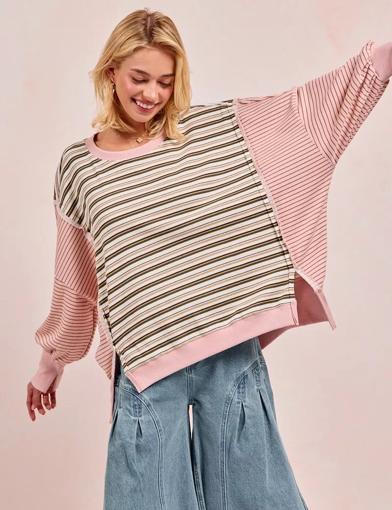 BIBI Stripe Mixed Top With Cut Edge And Reverse Outseam on Simply Obsessed