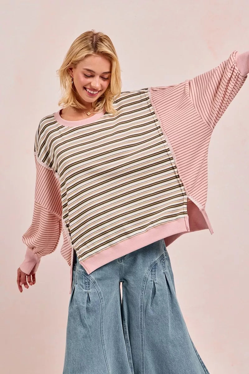 BIBI Stripe Mixed Top With Cut Edge And Reverse Outseam on Simply Obsessed
