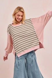 BIBI Stripe Mixed Top With Cut Edge And Reverse Outseam on Simply Obsessed