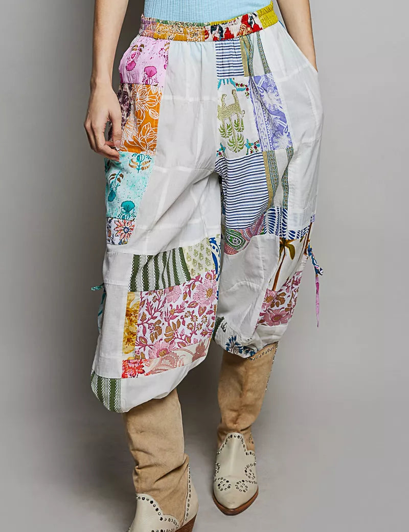 POL Printed Patchwork Wide Leg Pants with Adjustable Side Drawstring on Simply Obsessed