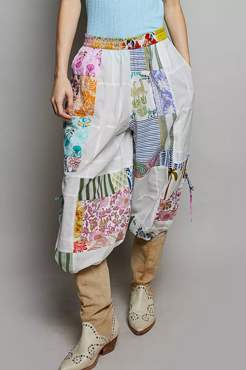POL Printed Patchwork Wide Leg Pants with Adjustable Side Drawstring on Simply Obsessed
