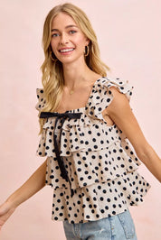 BIBI Polka Dot Ruffled Bow Tied Square Neck Sleeveless Top on Simply Obsessed