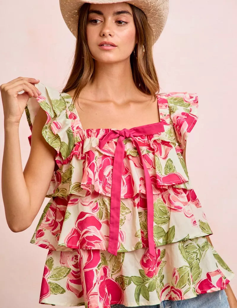BiBi Floral Print Woven Bow Tie Ruffle Square Neck Top on Simply Obsessed