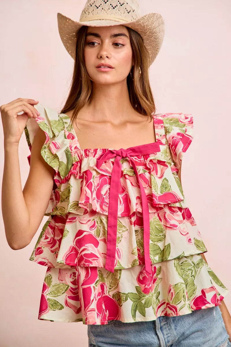 BiBi Floral Print Woven Bow Tie Ruffle Square Neck Top on Simply Obsessed