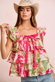 BiBi Floral Print Woven Bow Tie Ruffle Square Neck Top on Simply Obsessed