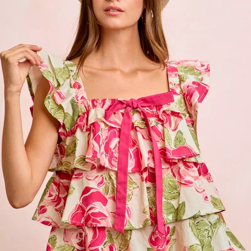 BiBi Floral Print Woven Bow Tie Ruffle Square Neck Top on Simply Obsessed