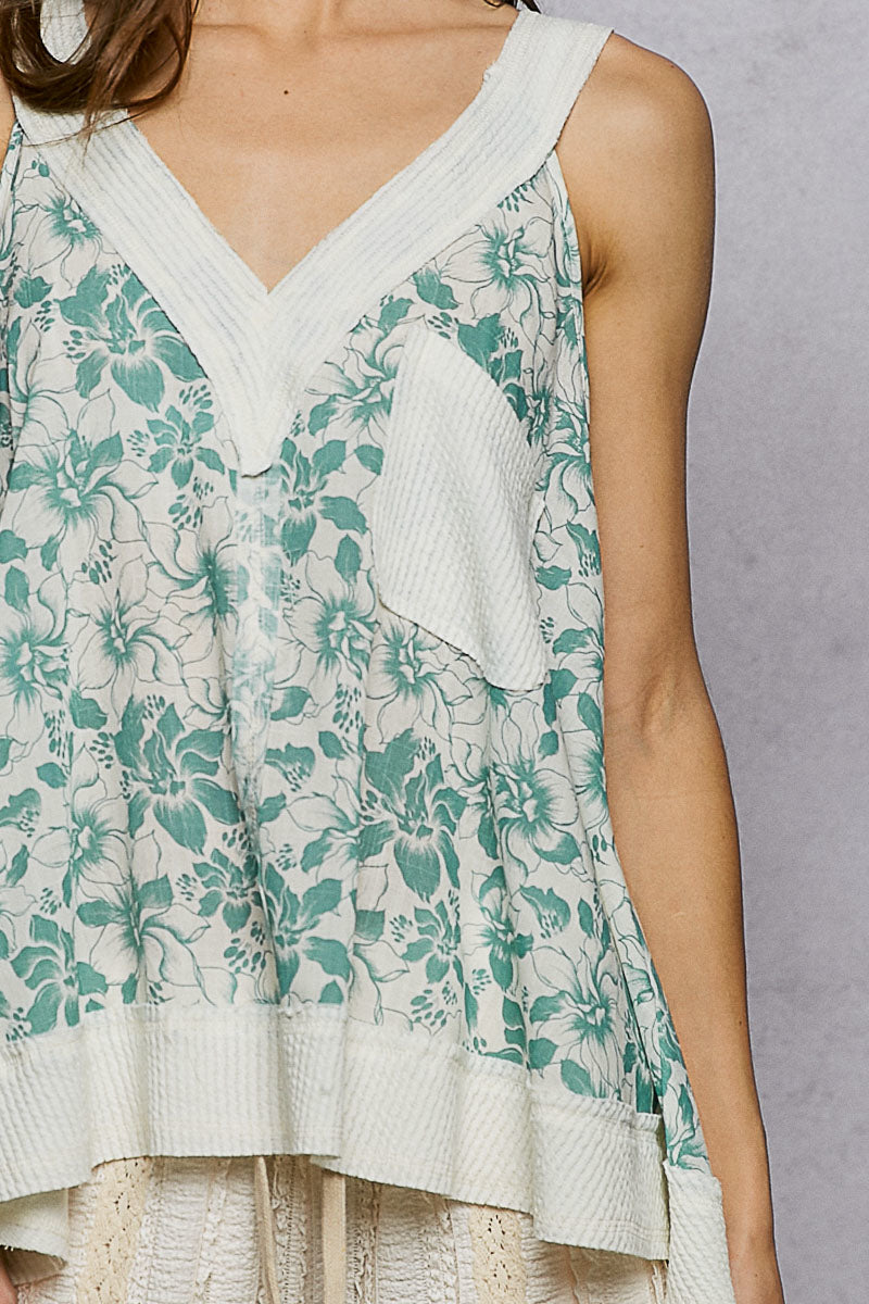 POL Floral V-Neck Tank with Front Pocket on Simply Obsessed