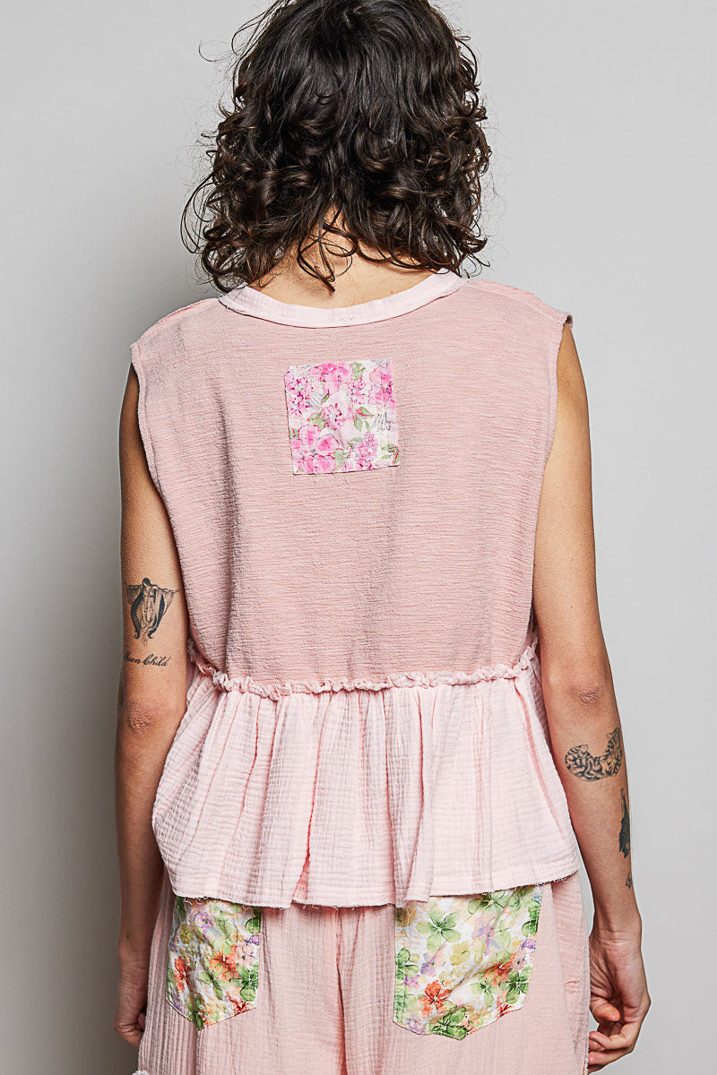 POL Floral Patch Ruffled Sleeveless Top with Raw Edge Detail on Simply Obsessed
