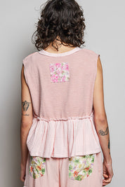 POL Floral Patch Ruffled Sleeveless Top with Raw Edge Detail on Simply Obsessed