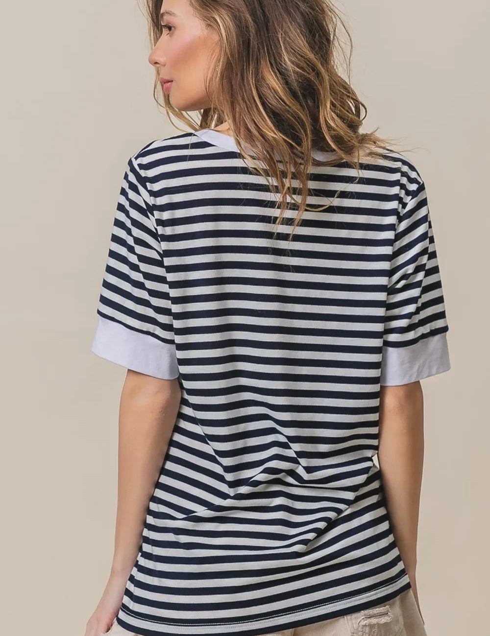 BIBI Contrast Striped Notched Knit Top on Simply Obsessed