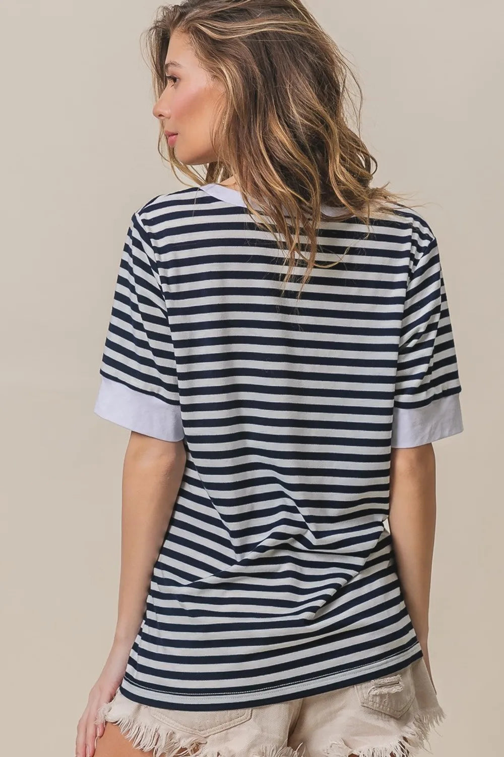 BIBI Contrast Striped Notched Knit Top on Simply Obsessed