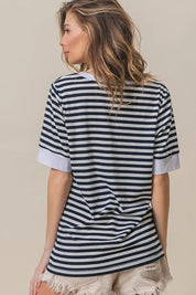 BIBI Contrast Striped Notched Knit Top on Simply Obsessed