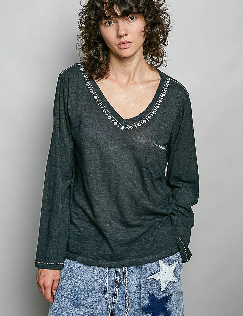 POL Contrast Stitch V-Neck Lightweight Knit Long Sleeve Top on Simply Obsessed