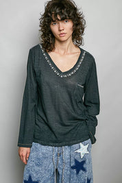 POL Contrast Stitch V-Neck Lightweight Knit Long Sleeve Top on Simply Obsessed