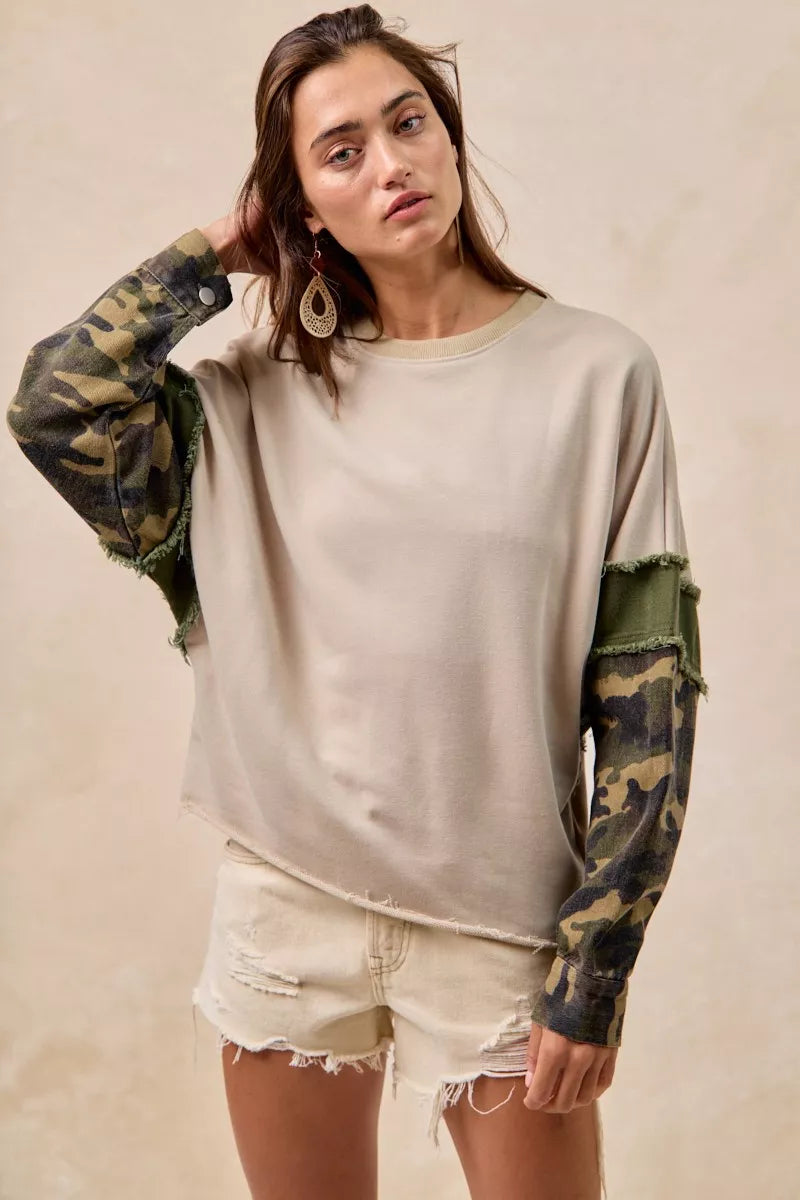 BiBi Camo Sleeve French Terry Top with Frayed Edge on Simply Obsessed