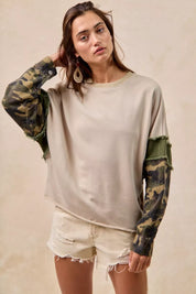 BiBi Camo Sleeve French Terry Top with Frayed Edge on Simply Obsessed
