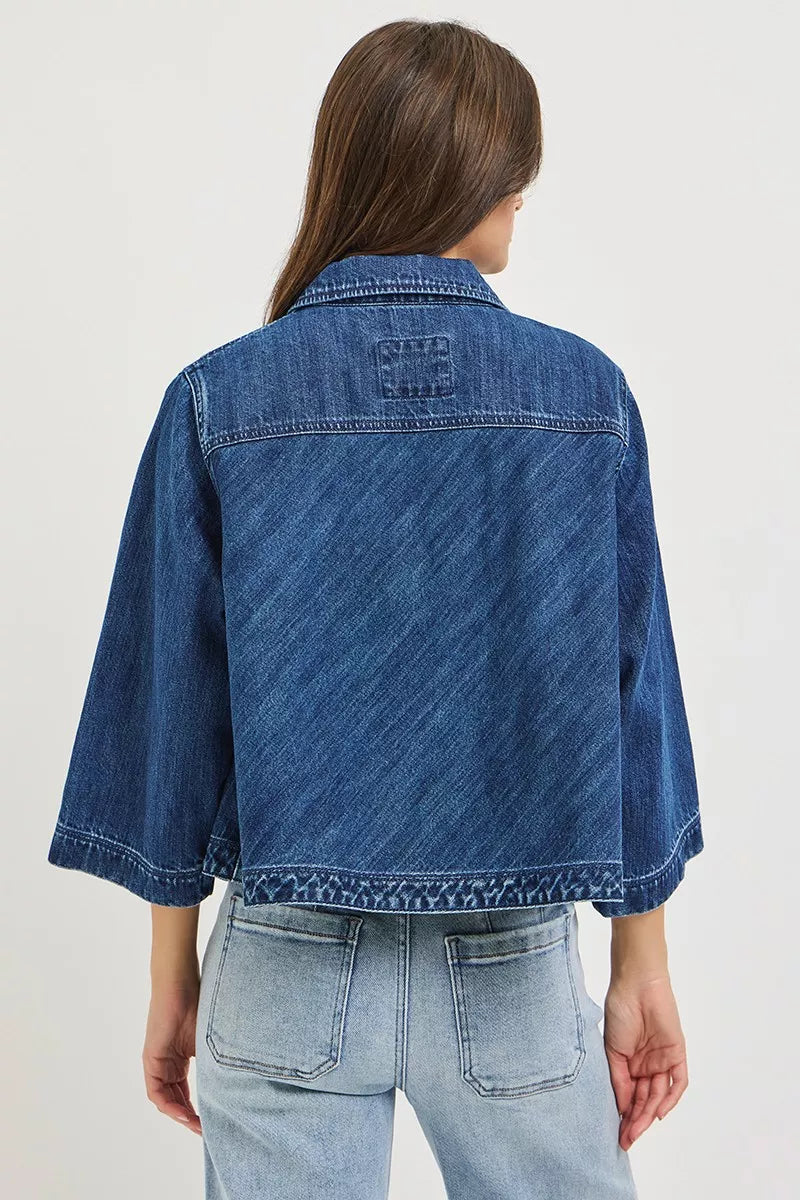 RISEN Double-Breasted Flowy Cropped Denim Jacket on Simply Obsessed