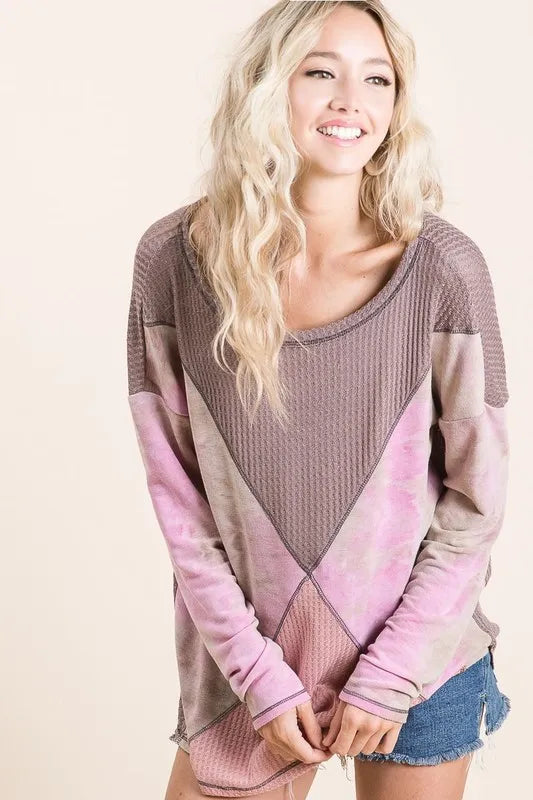 BiBi Thermal Waffle Color Block Top with Tie Dye **LA DEAL** on Simply Obsessed