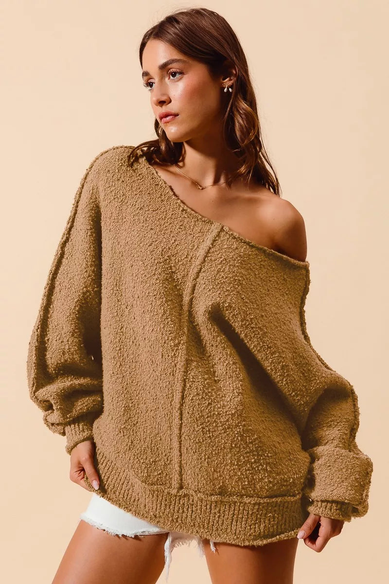 SO ME Loose Fit Exposed Seam Slouchy Boucle Sweater on Simply Obsessed