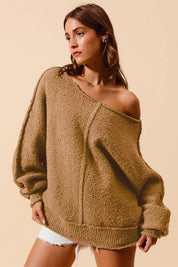 SO ME Loose Fit Exposed Seam Slouchy Boucle Sweater on Simply Obsessed
