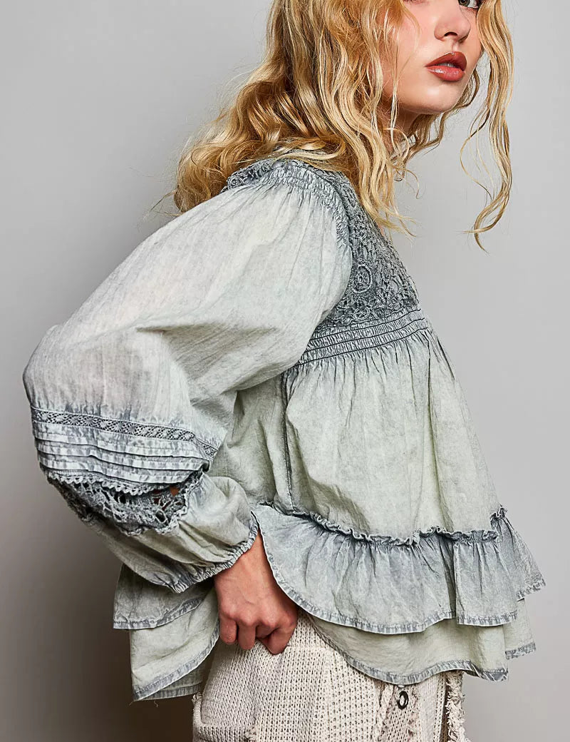 POL Washed Layered Lace Pintuck Flared Woven Blouse on Simply Obsessed