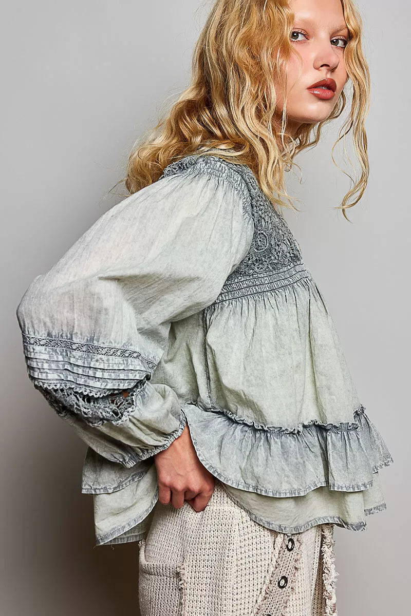 POL Washed Layered Lace Pintuck Flared Woven Blouse on Simply Obsessed