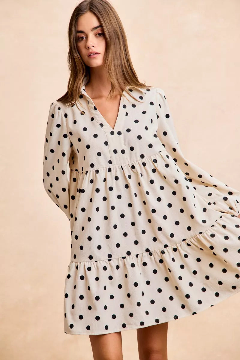 BIBI Polka Dot Corduroy Collared V Neck Dress on Simply Obsessed