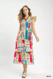 UMGEE Abstract Print Smocked Ruffle Sleeve Tiered Midi Dress on Simply Obsessed