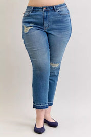 JUDY BLUE Full Size Mid Rise Bf Patch & Repair Destroy Release Hem Jeans Plus Size on Simply Obsessed